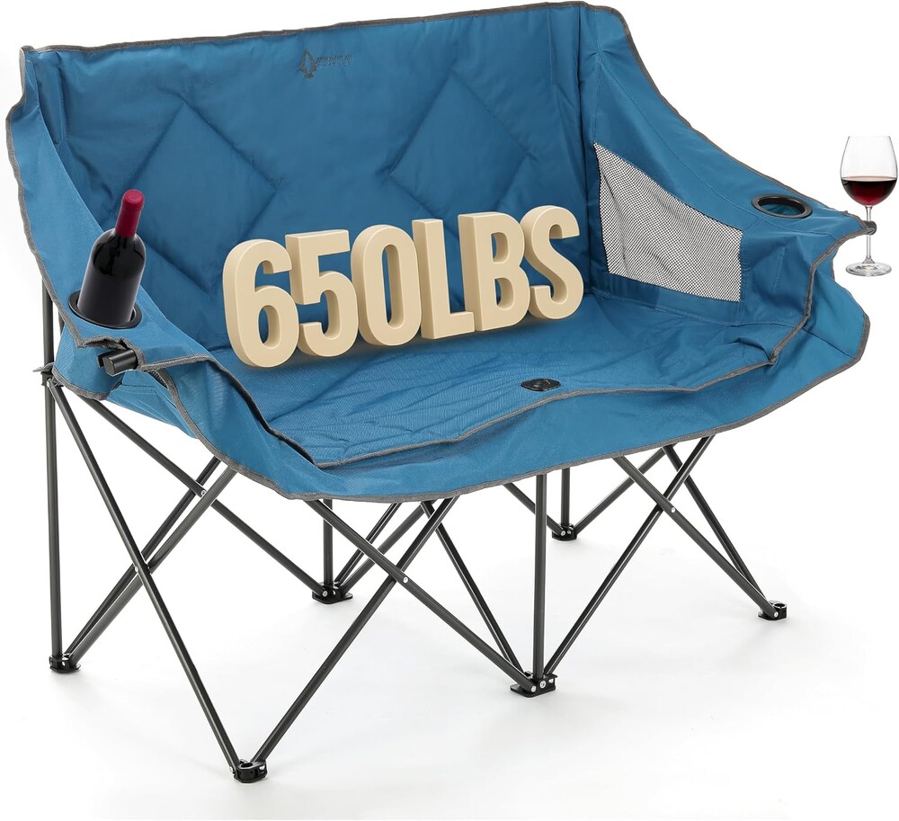 ARROWHEAD OUTDOOR Portable Folding Double Duo Camping Chair Loveseat | 2 Cup & Wine Glass Holder, Heavy-Duty Carrying Bag, Padded Seats & Armrests, Supports up to 500lbs, Beach, Tailgating, Patio