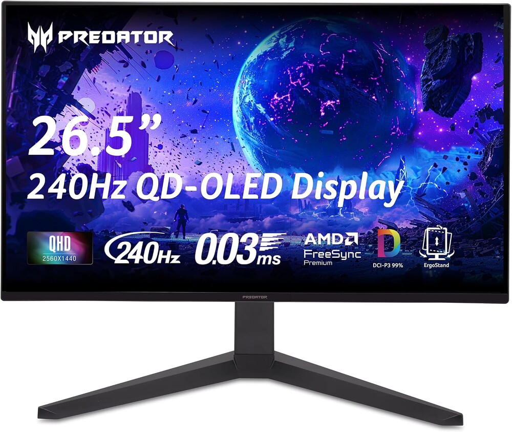 Acer Predator Gaming Monitor | 26.5" WQHD 2560x1440 QD-OLED | AMD FreeSync Premium | 240Hz | 0.03ms | Tilt, Height Adjustment, Pivot & Swivel | DCI-P3 99% | 2 x DP 1.4 & 2 x HDMI 2.1 | X27U W1bmiipprx