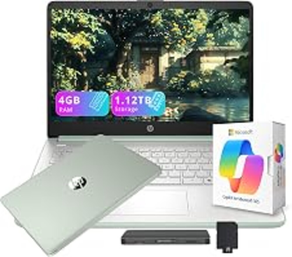 HP Stream 14" HD Student&Business Laptop with AI Copilot, Intel Processor N150, 4GB RAM, 1.12TB Storage (128GB UFS + 1TB Docking Station), 1 Year Office 365, Wi-Fi 6, Win 11, Willow Green