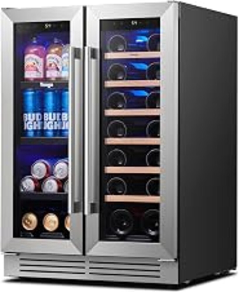 Yeego 24 Inch Wine and Beverage Cooler with 60 Cans and 20 Bottles | Built-In or Freestanding Beverage Refrigerator with Glass Door | Adjustable Shelves, 36-72°F for Home Bar Kitchen Office