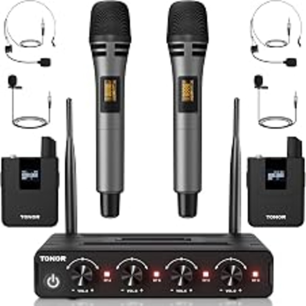 TONOR Wireless Microphone System, Handheld Mic Set with Headset/Lapel Mics | Lavalier Mic with Bodypack Transmitter, Receiver, 60 m/200ft Range Compatible with PA Speaker, for Karaoke, Singing, Church