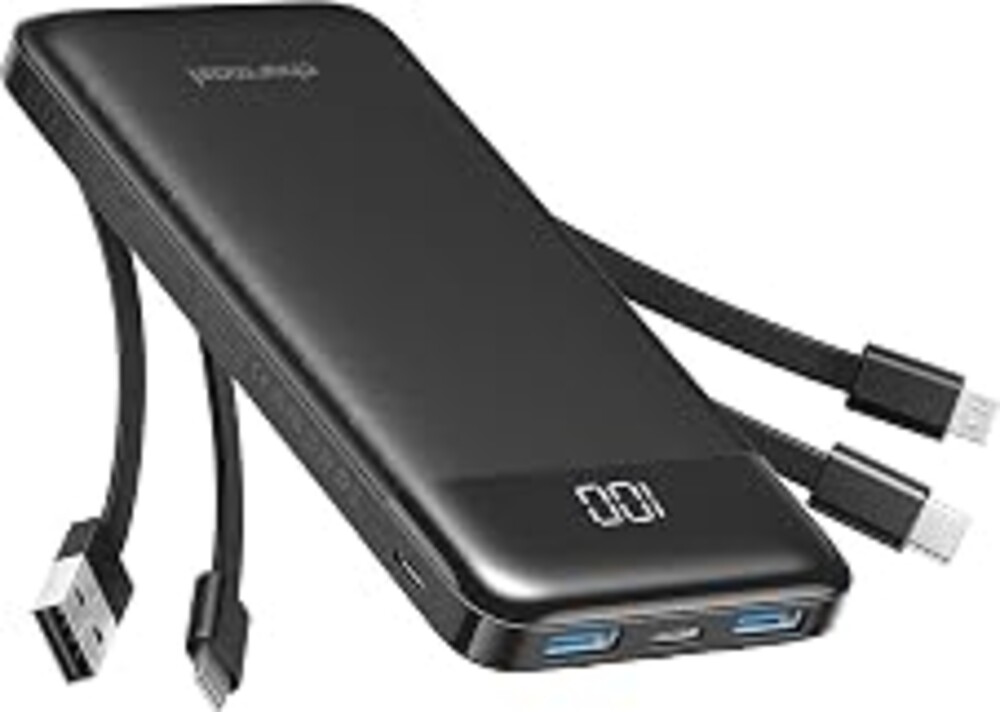 charmast Portable Charger Power Bank with Reinforced Built-in 4 Cables | 10000mAh,6 Outputs 3 Inputs,Travel Essentials,Carry-on Only,3A Fast Charging Portable Phone Charger for iPhone Samsung Pixel
