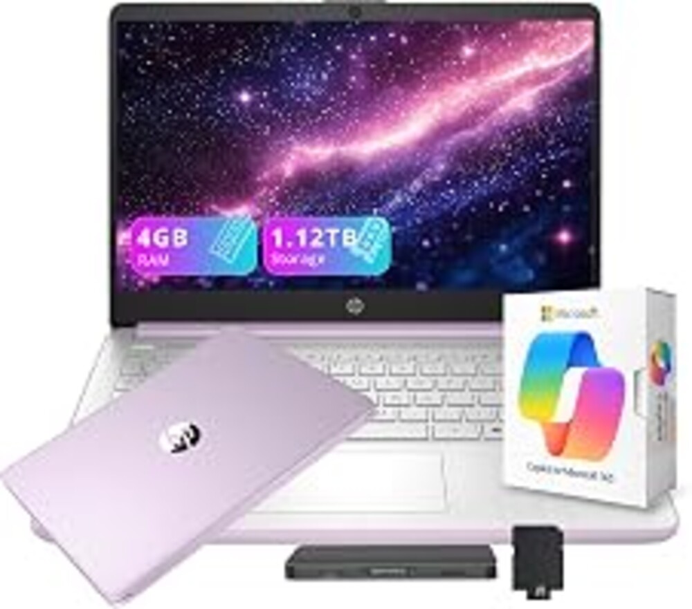 HP Stream 14" HD Student&Business Laptop with AI Copilot, Intel Processor N150, 4GB RAM, 1.12TB Storage (128GB UFS + 1TB Docking Station), 1 Year Office 365, 720p Webcam, Win 11, Lavender Purple