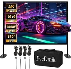 150 inch Projector Screen with Stand, 16:9 4K HD Portable Outdoor Movie Screen, Wrinkle-Free Foldable Indoor Projection Screen with Carry Bag & Ground Nails for Backyard Cinema Home Theater