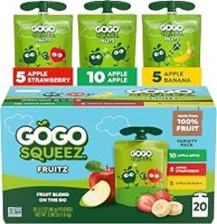 GoGo squeeZ No Sugar Added Applesauce & Fruit Puree Variety Pack, 20 Count | Kids On The Go Fruit Snack with Apple, Strawberry & Banana; 3.2 Oz Pouches, Gluten and Nut Free, Recloseable Cap, BPA-Free