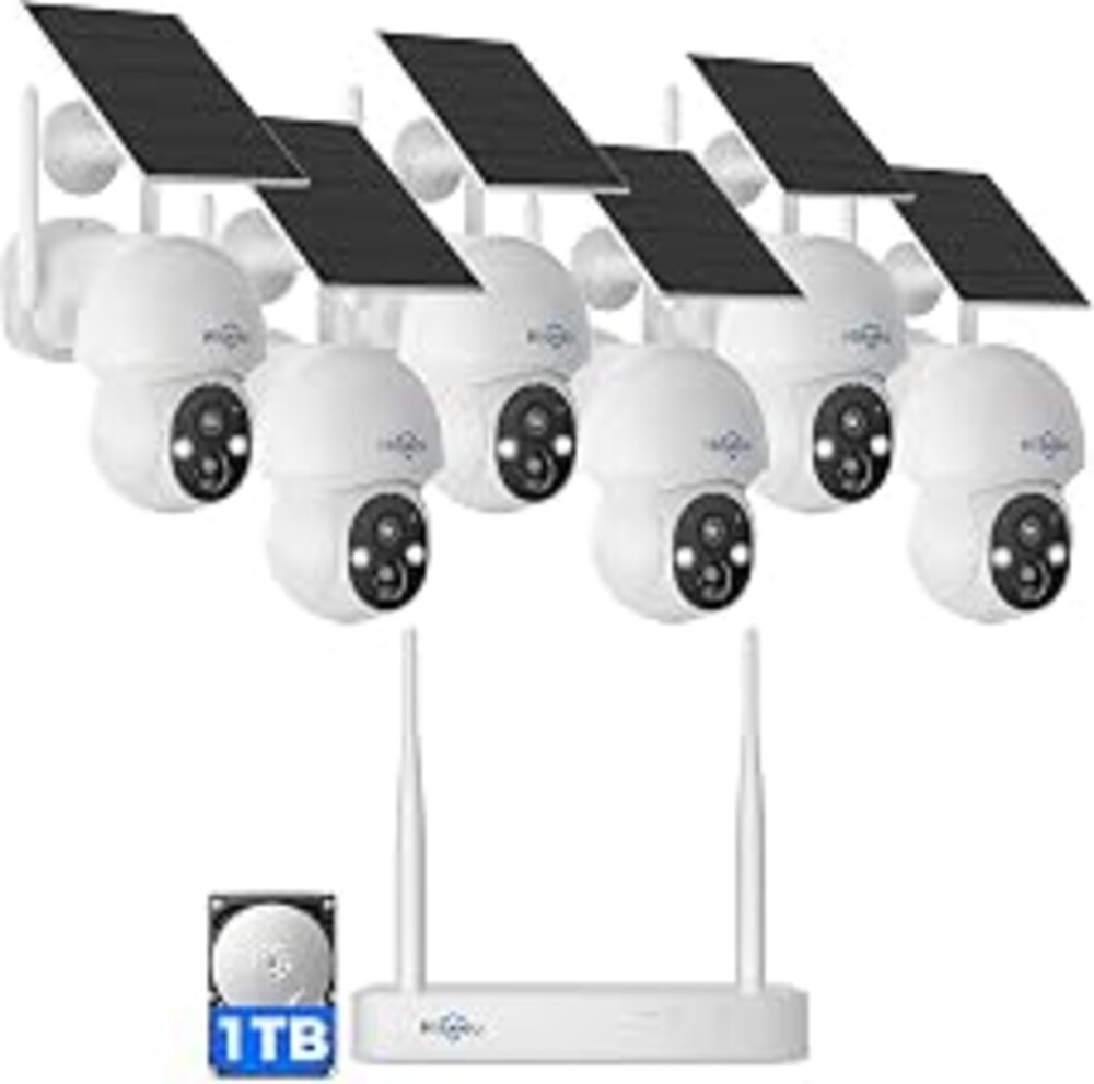 Hiseeu Security Cameras Wireless Outdoor，4MP 6-Cam Kit，1TB HDD | 2.4G & 5G WiFi，Solar-Powered，Color Night Vision，360° View，Pan & Tilt，No Subscription