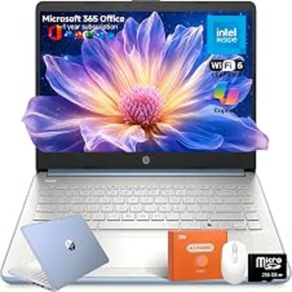 HP 14 Laptop for Students and Home Use, Intel Processor N150, 16GB RAM | 128GB UFS+256GB MSD, 14" HD Display, Wi-Fi 6, 1-Year Microsoft 365, Copilot AI Key, Lightweight, Sky Blue, W/Mouse