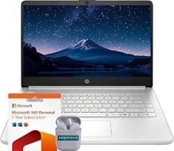 HP 14" Business Laptop Computer with Microsoft Office 365, 4-Core Intel Processor, 128GB Storage, 4GB RAM, Windows 11, SageNova Earphones, Natural Silver