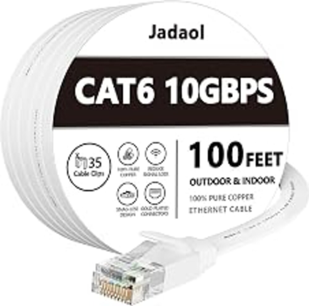 Jadaol Cat6 Ethernet Cable 100FT with Clips 10bps Flat Network Cable White | 1FT 3FT 5FT 10FT 15FT 20FT 25FT 30FT 35FT 50FT 60FT 75FT 150FT 200FT RJ45 LAN Patch Cable for Router, Modem, Switch, Gaming