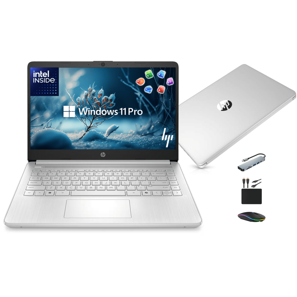 HP 14" Laptop 2026 Business Student Computer, Win 11 Pro, Lifetime MS Office, Quad-Core Intel N150, 4GB RAM, 628GB Storage (128GB UFS+500GB Ext), Copilot AI, Slim, MarxsolAccessory, WiFi 6, Silver
