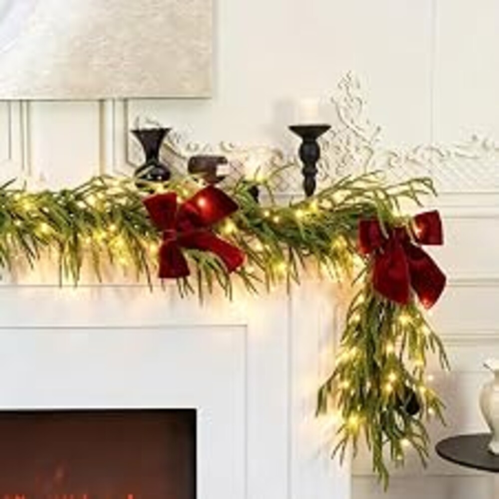 HipTree 9ft Pre-Lit Real Touch Norfolk Christmas Garland with Lights | Lighted Pine Garland for Mantle,Greenery Christmas Winter Garland with Large Burgundy Velvet Bow for Indoor Outdoor Decor