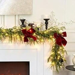 HipTree 9ft Pre-Lit Real Touch Norfolk Christmas Garland with Lights | Lighted Pine Garland for Mantle,Greenery Christmas Winter Garland with Large Burgundy Velvet Bow for Indoor Outdoor Decor