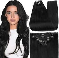 Full Shine Black Clip in Hair Extensions 24 Inch Remy Hair Extensions Clip ins Human Hair Jet Black Natural Hair Clip in Extensions for Long Hair 7 Pieces 120g
