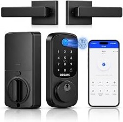 DESLOC B200 Fingerprint Smart Lock with 2 Lever Handles Set,Front Door Lock | Bluetooth App Control, Fob Unlock, Touchscreen Keypad, Remote Access Sharing, Auto Lock, User Management, Low Battery Alert