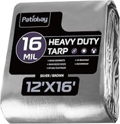 Patiobay Large Tarp 12x16 FT 16 Mil Heavy Duty Waterproof Tarps Silver | 420D Thick Plastic Tarp Brass Grommets Every 23.6", UV Resistant, Tear & Fade Resistant, Reinforced Edges for Pool & Tent Use
