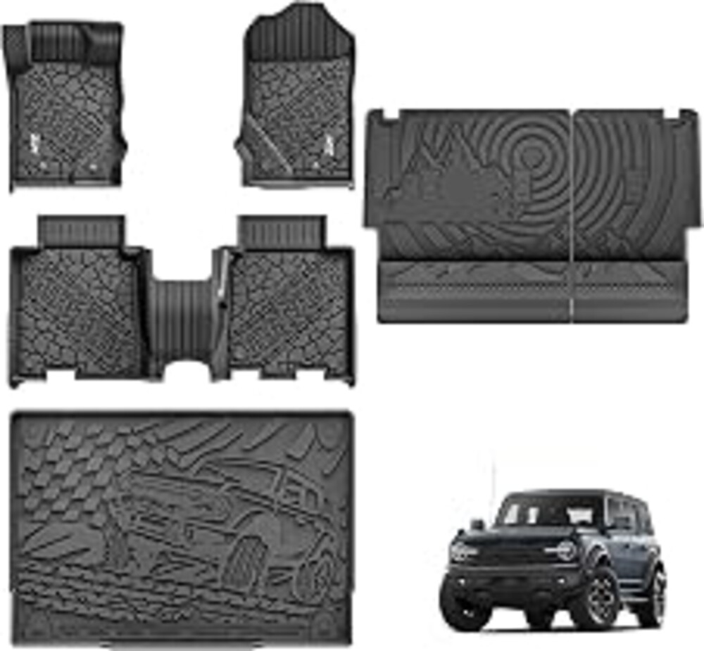 3W Floor Mats & Cargo Liner & Back Seat Cover for 2021-2026 Bronco 4 Door | All Weather Custom Fit Ford Bronco Accessories (Not for Sport & Rubberized Floor)