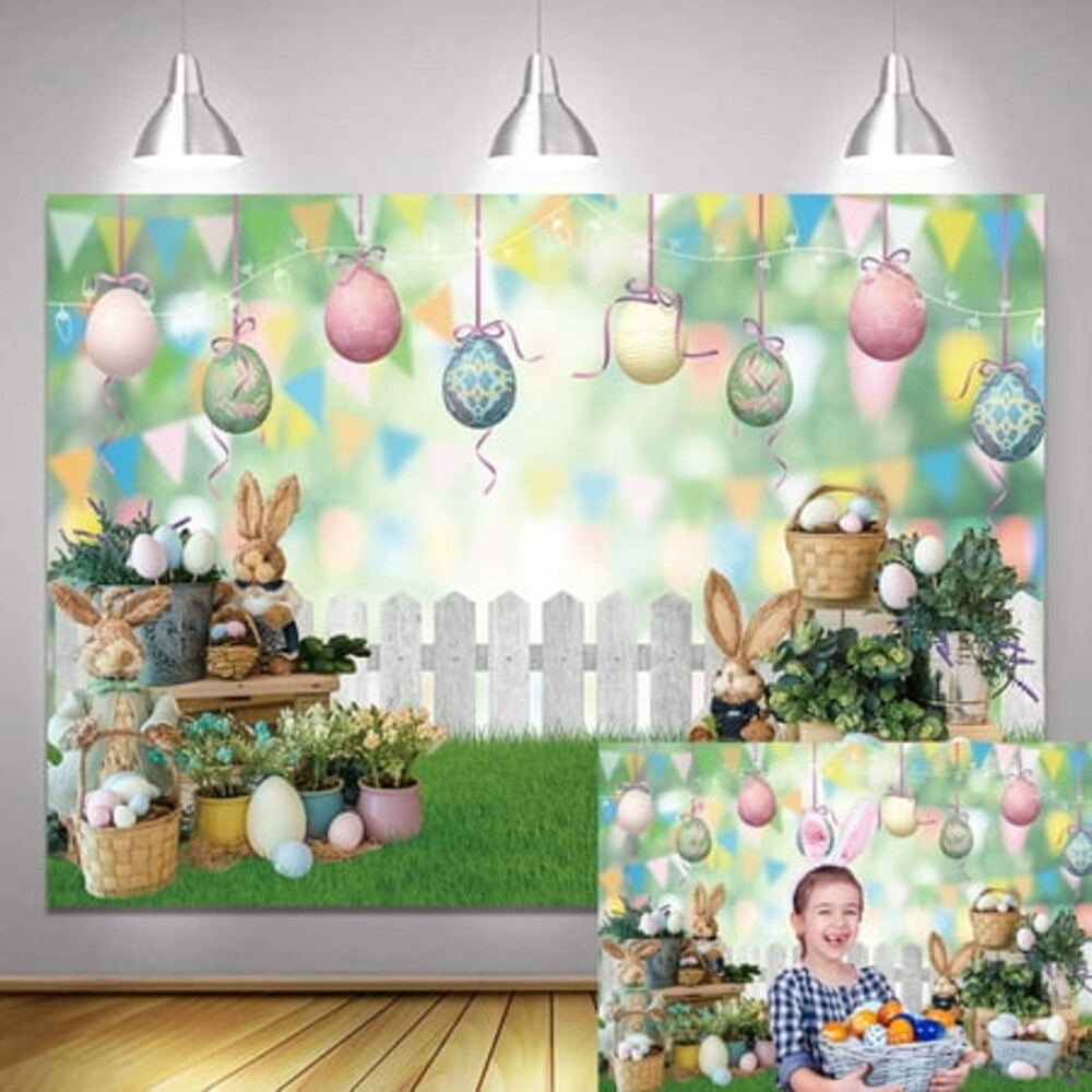 7x5FT Spring Easter Backdrop Green Easter Background Decor Spring Garden Colorful Eggs Bunny Green Lawn Fence Bokeh Background Easter Party Supplies