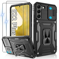 Atump for Galaxy S22 Plus Case with 2Pcs HD Screen Protector, Military Grade Shockproof and Slide Camera Cover, 360° Rotated Ring Kickstand Protective Case for S22 Plus,Black