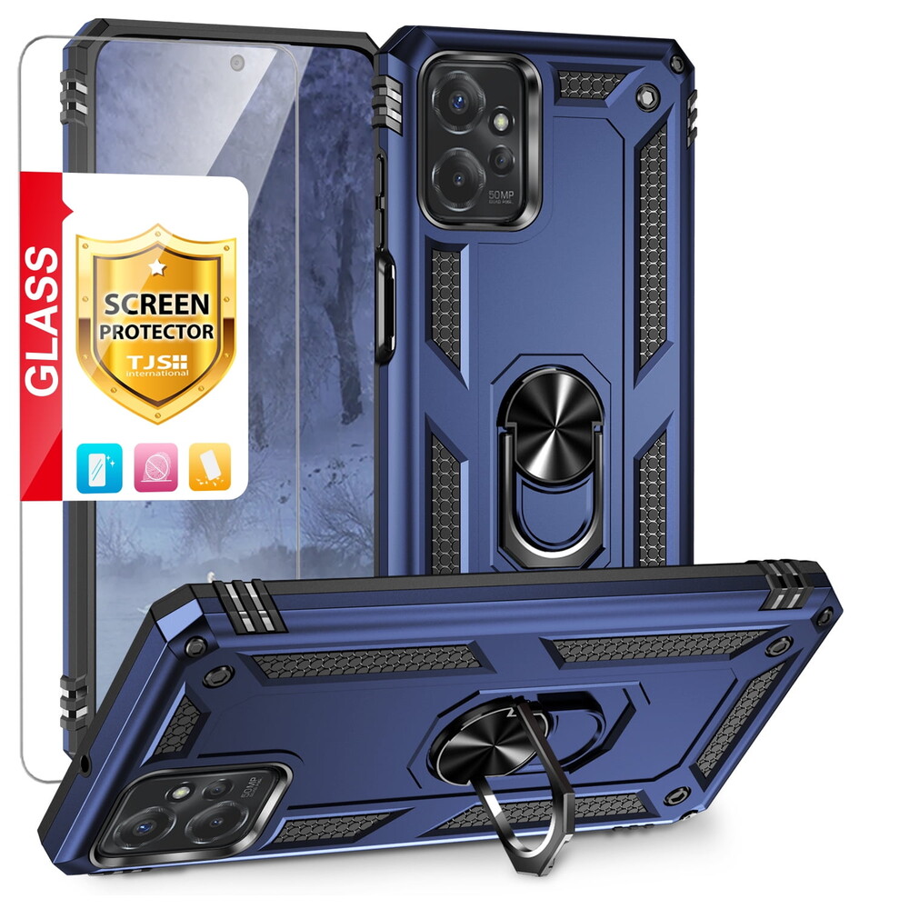 TJS for Motorola Moto G Power 2023 Phone Case, with Tempered Glass Screen Protector, Impact Resistant Metal Ring Magnetic Support Kickstand Drop Protector Cover for Moto G Power 2023 (Blue)