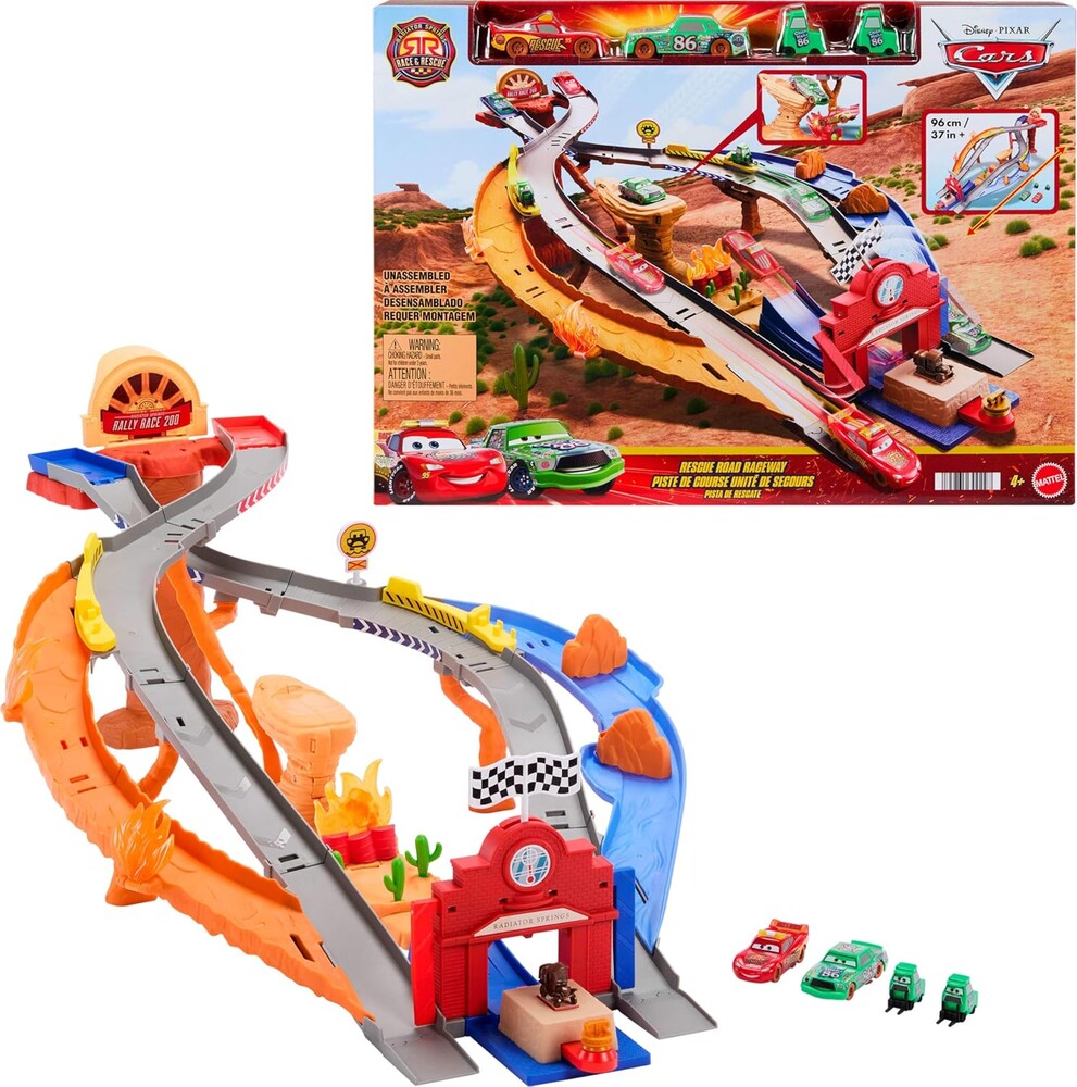 Mattel Disney and Pixar Cars Toy Playset, Lightning McQueen & Chicks Hicks & 2 Pitty Crew Vehicles, 2 Ways to Race, Race & Rescue Rescue Road Raceway