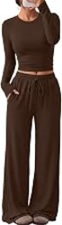 Trendy Queen Women's 2 Piece 2026 Fall Fashion Lounge Set with Pockets | Airport Outfit, Athleisure Workout Set, Fall Wardrobe Staple, Winter Style, Side-Ruched Top, Drawstring Wide-Leg Pants