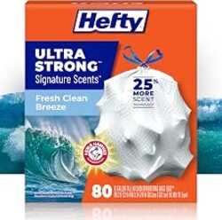 Hefty Ultra Strong Signature Scents 13G Trash Bags, Fresh Clean, 80ct | 13 Gallon White Kitchen Trash Bags with 25% More Scent Technology, Resists Leaks, Punctures, Tears, Odor Control