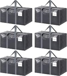 6 Pack Extra Heavy Duty Large Moving Bags with Strong Zipper, Gray | Comfortable Handles, Sturdy & Durable Clothes Storage Bags Totes Bins, Blue Packing Moving Boxes for College Supplies