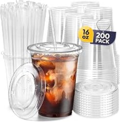 Fit Meal Prep 200 Pack 16 oz Plastic Iced Coffee Cups with Flat Lids and Clear Straws, Disposable Clear Cup, BPA Free Cup for Party, Smoothie, Cold Drinks, Juice, Milkshake, Bubble Boba, Tea