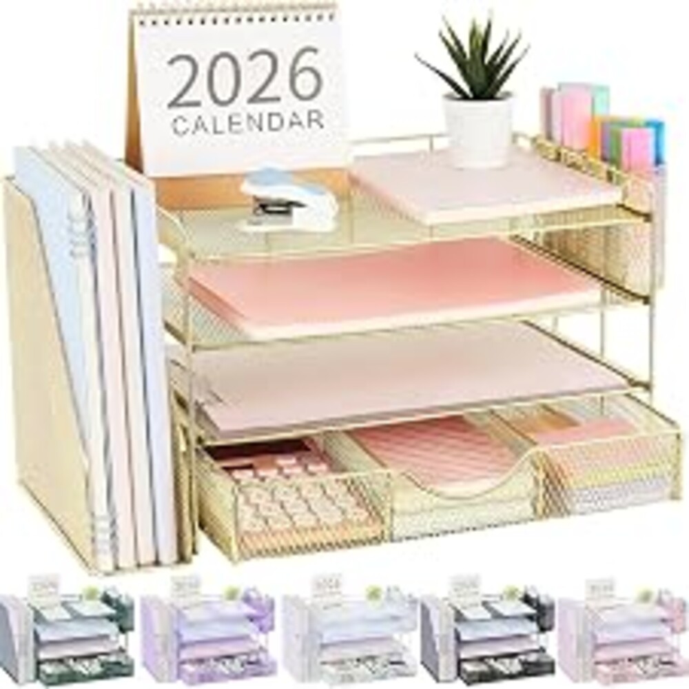 gianotter Desk Organizers and Accessories with File Holder, 4-Tier Desk Accessories & Workspace Organizers with Drawer and 2 Pen Holder, Paper Organizer for Office Supplies(Gold)