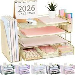 gianotter Desk Organizers and Accessories with File Holder, 4-Tier Desk Accessories & Workspace Organizers with Drawer and 2 Pen Holder, Paper Organizer for Office Supplies(Gold)