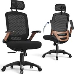GABRYLLY Ergonomic Office Chair, High Back Home Desk Chair with Flip-Up Arms, 3D Headrest, 90-120° Tilt and Wide Cushion Seat, Big and Tall Computer Chairs for Man Woman, Mesh Chair Black Woodgrain
