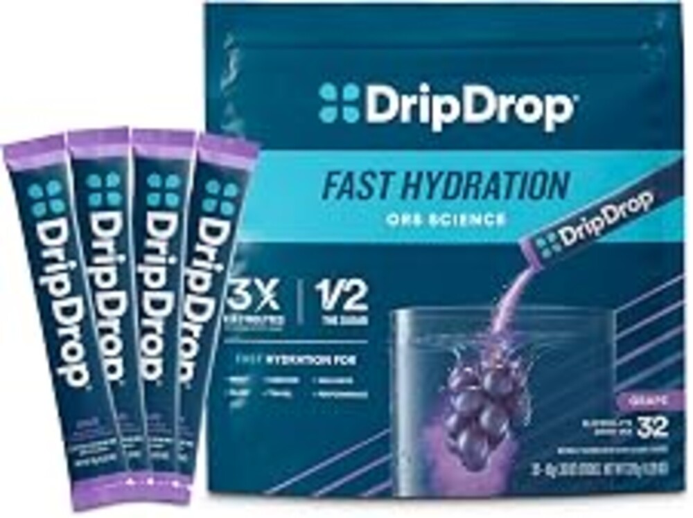 DripDrop Hydration Grape Electrolyte Packets, Powder Drink Mix, 32 Count | Grape; 3X Electrolytes; Potassium, Magnesium, Zinc, Vitamin C; Single Serve; Portable; Daily Use, Workouts, Travel