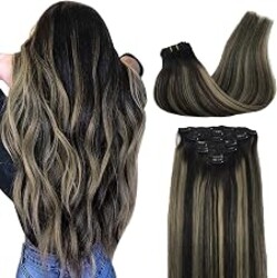 GOO GOO Clip in Hair Extensions Real Human Hair, Remy Human Hair Extensions Clip ins for Women, Natural Human Hair, 22inch 120g 7Pcs, 1B/16/1B Balayage Natural Black to Light Blonde
