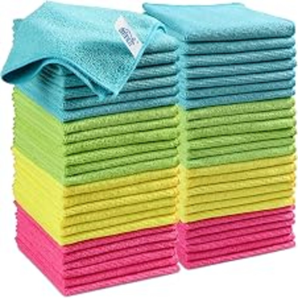 HOMEXCEL 50PK Microfiber Cleaning Cloth, Cleaning Rag for Home, 11.5x11.5in | Reusable, Lint Free, Scratch-Free and Highly Absorbent Towels for Kitchen, Window and Glass, Cars (Green/Blue/Yellow/Pink)