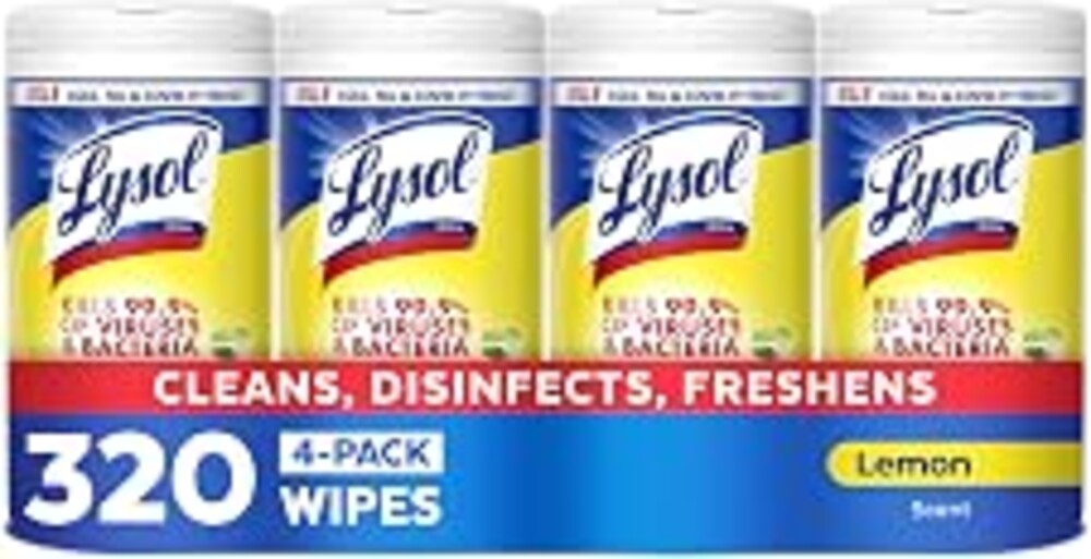 Lysol Disinfecting Wipes, Multi-Surface Cleaner, Lemon, 80 ct. (4 Pack) | All Purpose Cleaner, Sanitizing, Deodorizing, Apartment Essentials, Back To School Cleaning Supplies, Kitchen & Bathroom Wipe