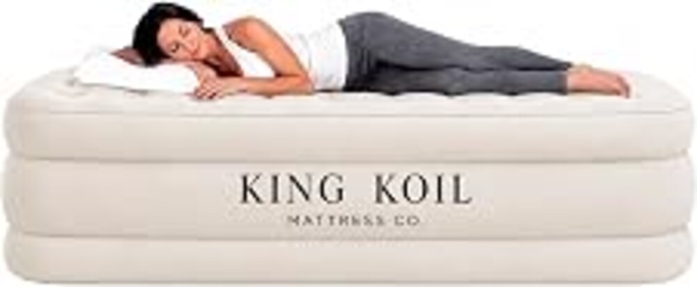 King Koil Air Mattress Twin with Built-in Pump, Inflatable Blow Up Bed | 1-Yr Warranty, patented coil-beam support, flocked waterproof top, inflates in 60 sec, puncture-resistant PVC, 300lb capacity