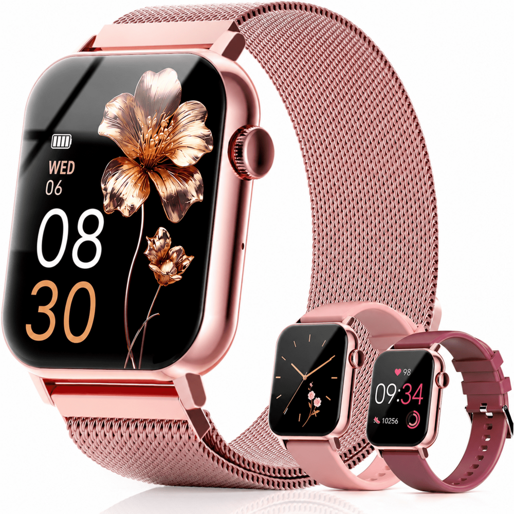FPZMIU 1.83'' HD Fitness Smart Watch 3 Bands for Men Women,IP68 Waterproof Fitness Wrist Watch Compatible with iPhone Android(Pink)