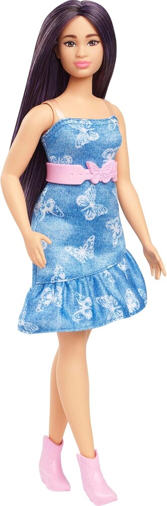 Barbie Fashionistas Doll #231 with Purple Hair, Wearing Strapless Denim Butterfly-Print Dress with Pink Belt and Boots