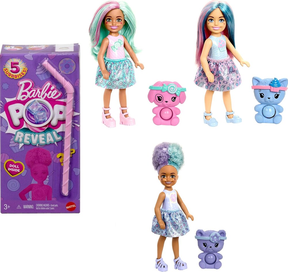 Barbie Chelsea Pop Reveal Doll Set, Treat Series with 5 Surprises Including Scented Small Doll, Pop-It Pet & Color Change (Styles May Vary)