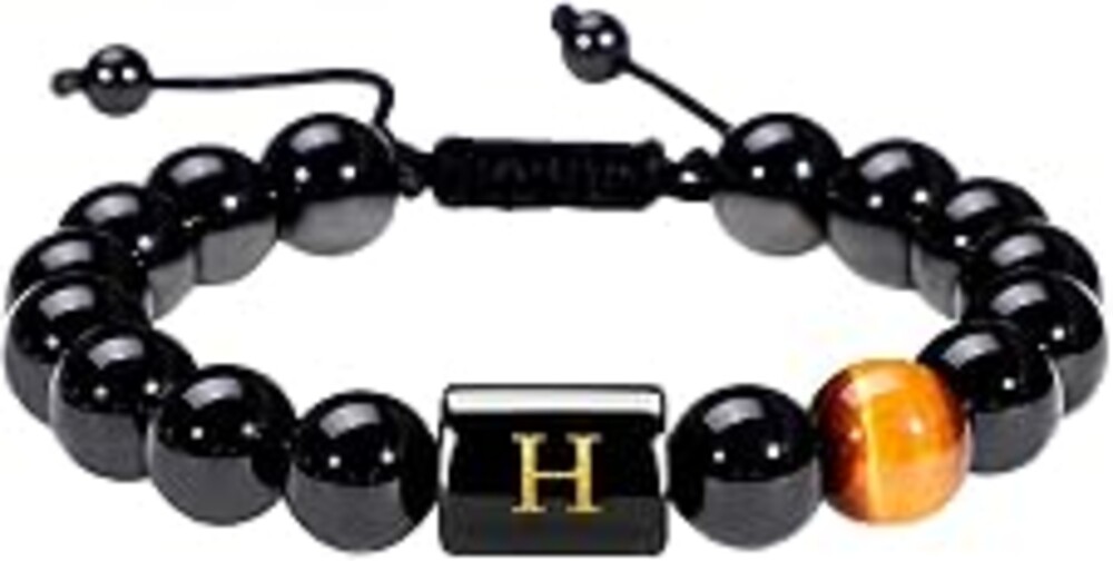 SUMMER LOVE Father's Day Gifts 10MM Black Onyx Stone Initial Bracelet for Men Letter Link Handmade Tiger Eye Bead Braided Rope Bracelet Gifts Mens Bracelet