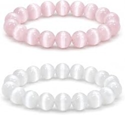 Cat Eye Glass Ring Set for Women, 2Pcs Beaded Stretch Rings (Size 7-8) | 4mm Beads, Coordinated Colors, Double-Layer Elastic Cord, Lightweight Stackable Style, Gift-Ready Box