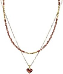 Senxilk Layered Gemstone Necklace Set – 18K Gold Plated Copper Chain with Heart Pendant & Beaded Choker with Gold Square Spacers