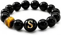 Initial Ring for Women, Black Onyx Beaded Stretch Letter Ring | Personalized-style A-Z initial ring with black onyx beads, shell letter bead, stretch fit, and gift-ready box