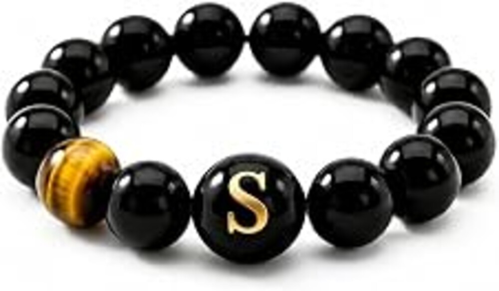 Initial Ring for Women, Black Onyx Beaded Stretch Letter Ring | Personalized-style A-Z initial ring with black onyx beads, shell letter bead, stretch fit, and gift-ready box