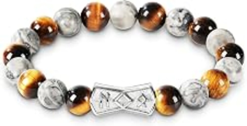 Men's Viking Rune Bracelet, 10mm Beaded Bracelet with Natural Gemstone | Elastic Design, Gift for Anniversary, Christmas, Lapis Lazuli/Map Stone/Howlite/Tiger Eye/Snowflake Obsidian/Black Agate