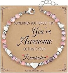 TILUNAMI Stainless Steel Beaded Heart Bracelet for Women/Sister/Friend - Inspirational Adjustable Natural Stone Jewelry, You're Awesome Message Gift for Her with Extender Chain