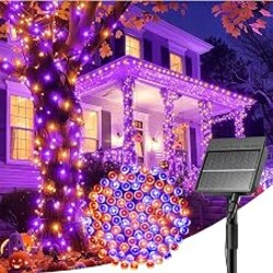 Minetom Solar Halloween Lights Outdoor, 40FT 100 LED Halloween String Light | Black Wire Halloween Decoration Outdoor with 8 Modes, Waterproof Solar String Lights for Outside Tree Yard, Orange & Purple