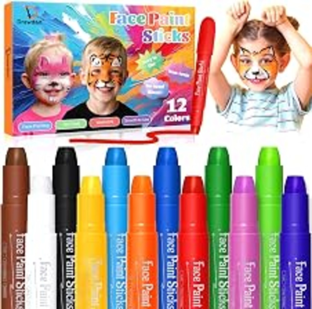 Drawdart Face Painting Kit for Kids, 12Pcs XL Face and Body Paint Crayons| 12 Vibrant Colors Safe and Washable Face Paint Sticks for Adults Kids Party, Halloween Makeup, School Event, Cosplay