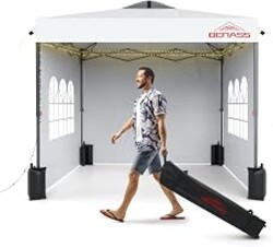 Benass 10x10 Pop Up Canopy Tent with 3 Sidewalls, White | Easy Up Canopy Tent, Removable Sidewalls, One Person Set Up, Adjustable Height, Roller Storage Bag, LED Lights