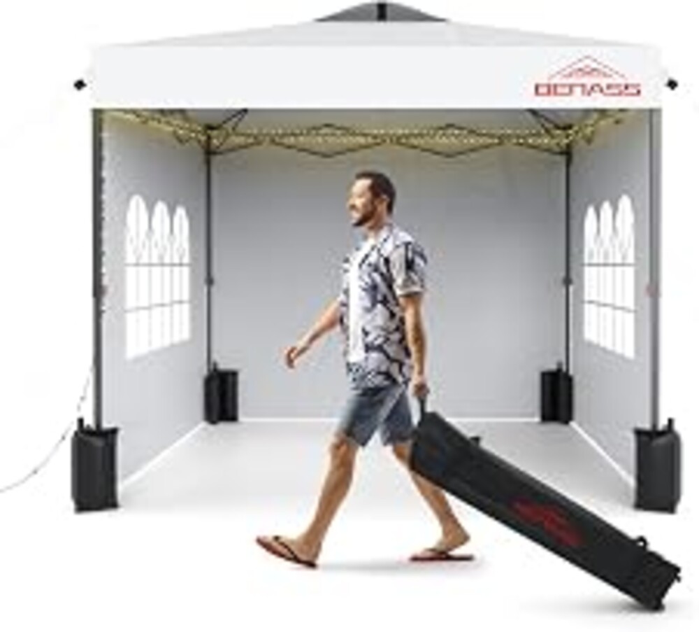 Benass 10x10 Pop Up Canopy Tent with 3 Sidewalls, White | Easy Up Canopy Tent, Removable Sidewalls, One Person Set Up, Adjustable Height, Roller Storage Bag, LED Lights